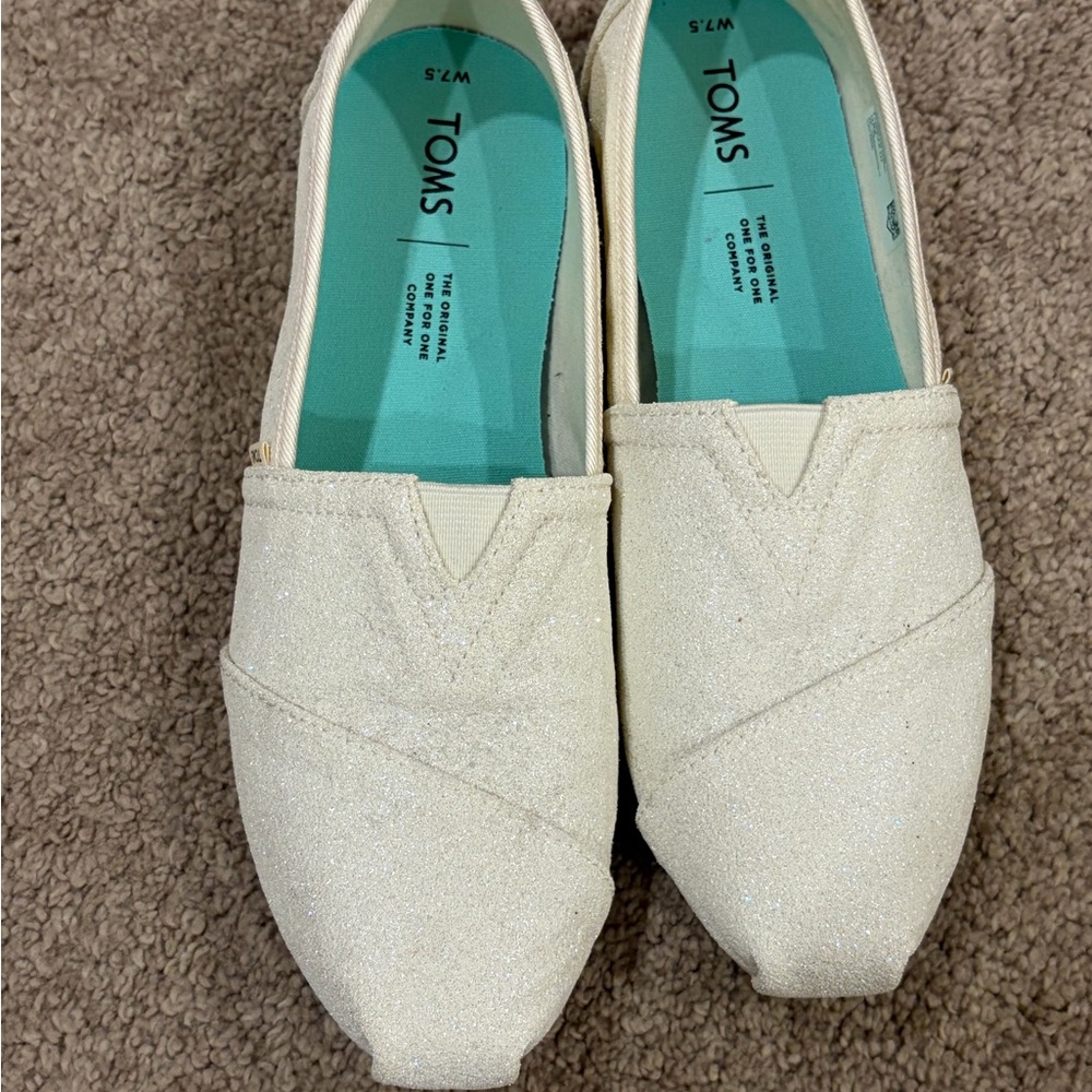TOMS Ivory Glitter Canvas Slip-On Flats Women's Size 7.5 Casual Shoes